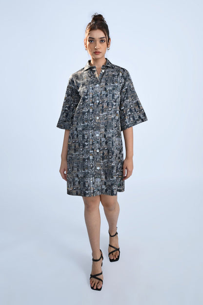 Black Traffic Print Shirt Dress