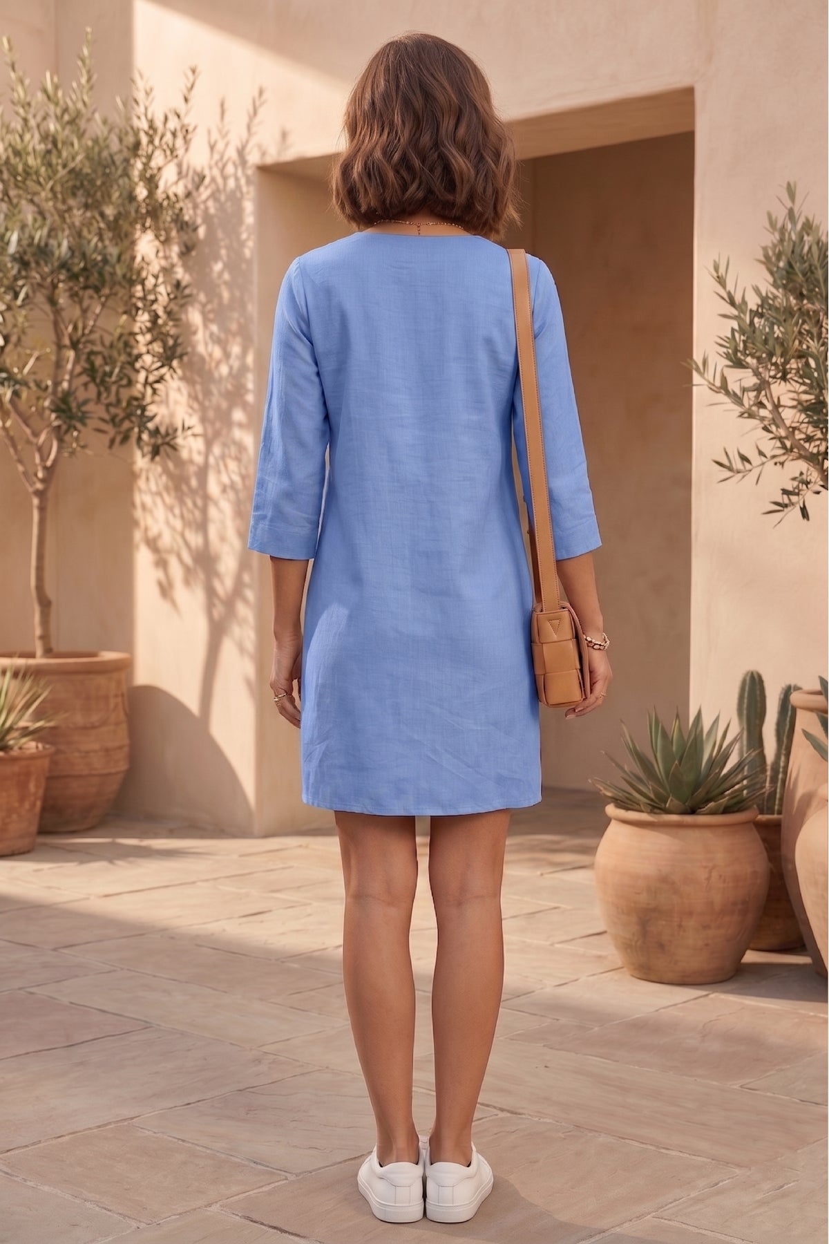 Blue Cotton Linen Mini Dress