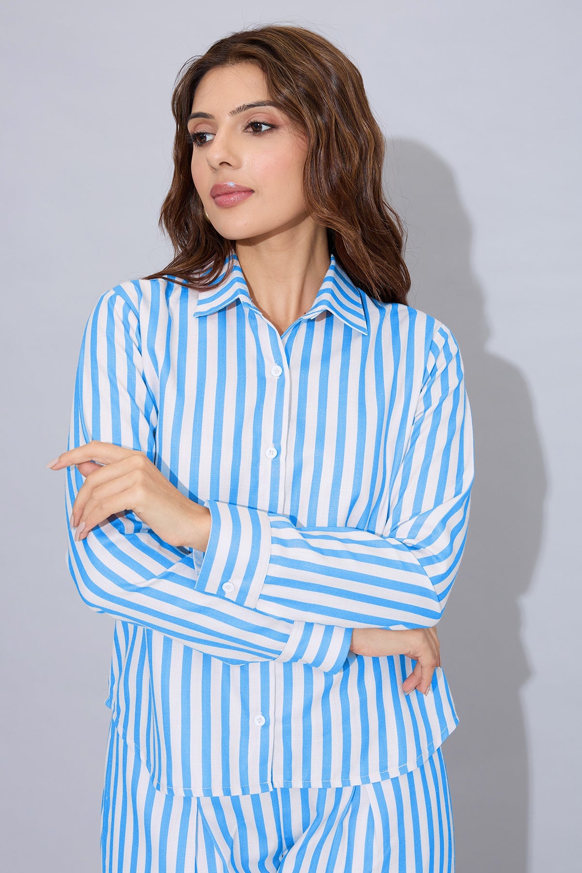 Buy Blue Cotton Stripe Button Shirt by SNEHA B