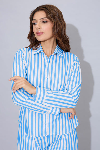 Buy Blue Cotton Stripe Button Shirt by SNEHA B