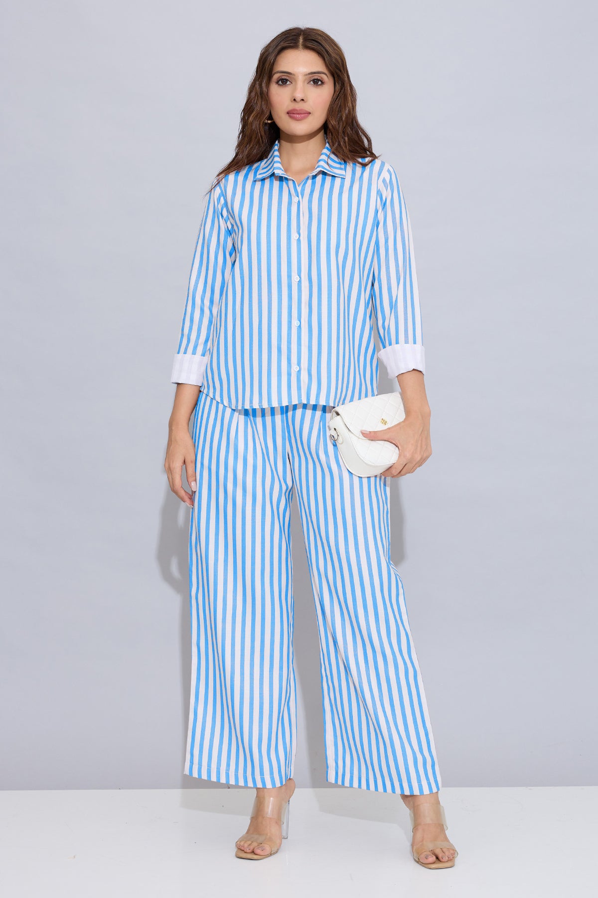 Blue Cotton Stripe Button Shirt