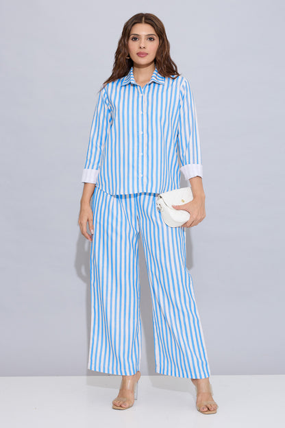 Blue Cotton Stripe Button Shirt