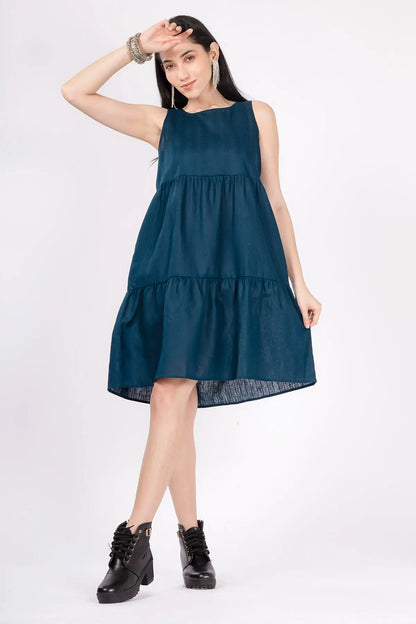 Shop Blue Gather Tiered Mini Dress by SNEHA B