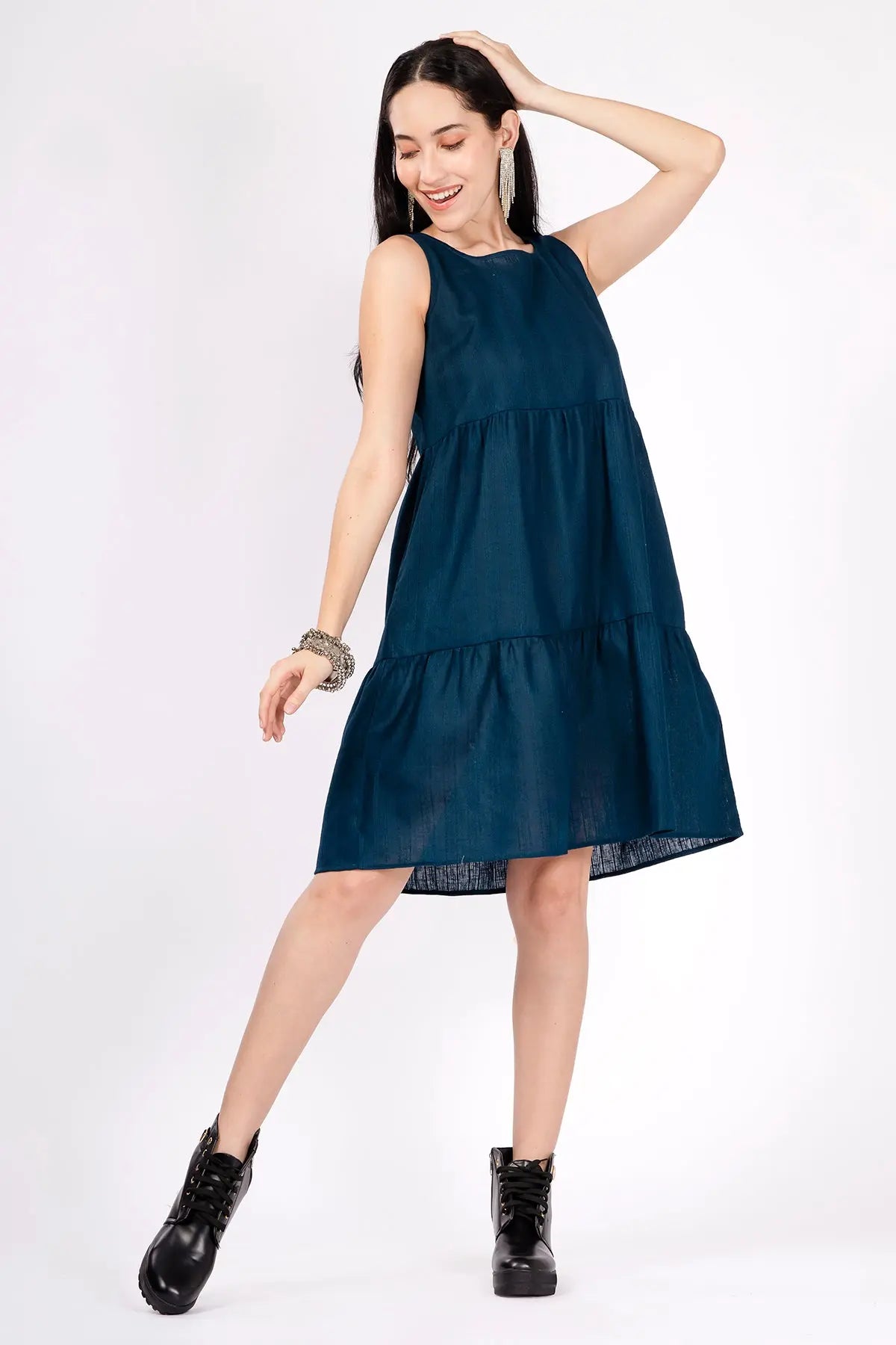 Blue Gather Tiered Mini Dress SNEHA B