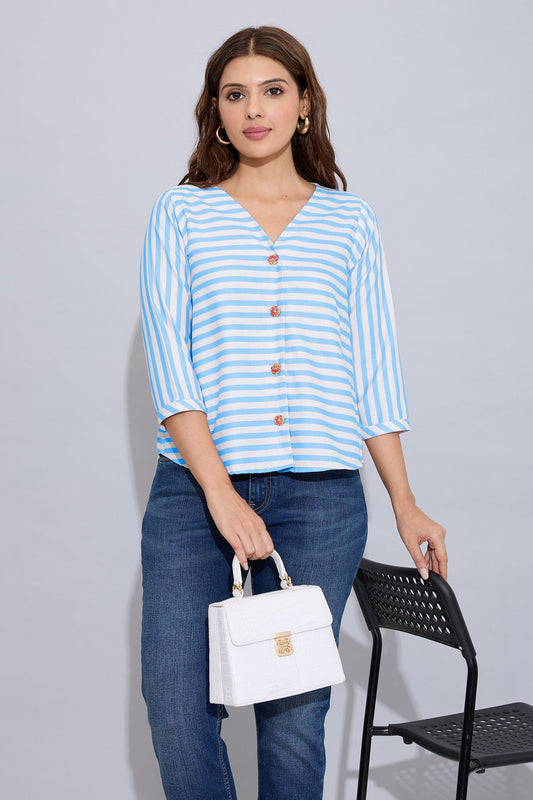 Buy Blue Stripe Button Cotton Top by SNEHA B