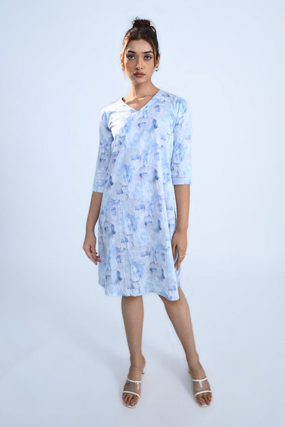 Blue & White Printed A-Line Dress