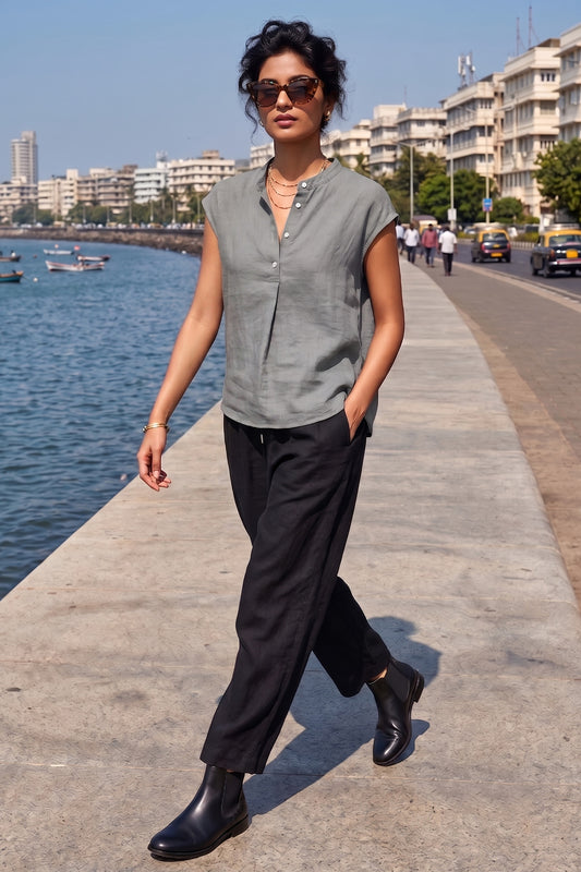 Cement Grey Cotton Button Top