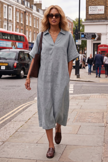 Cement Grey V-Neck Collar Dress
