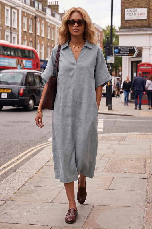 Cement Grey V-Neck Collar Dress