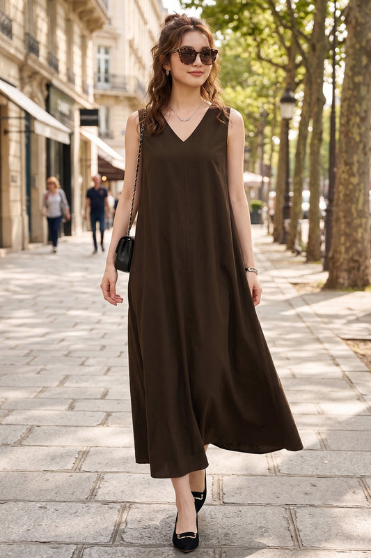 Coffee A-Line Cotton Maxi Dress