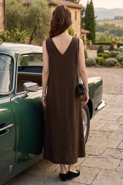 Coffee A-Line Cotton Maxi Dress