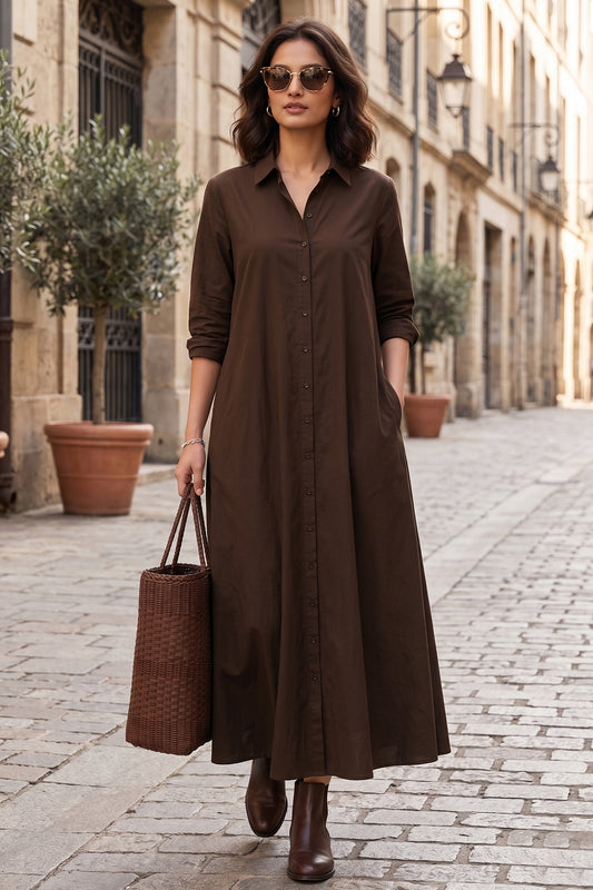 Coffee Cotton Maxi Shirt Dress