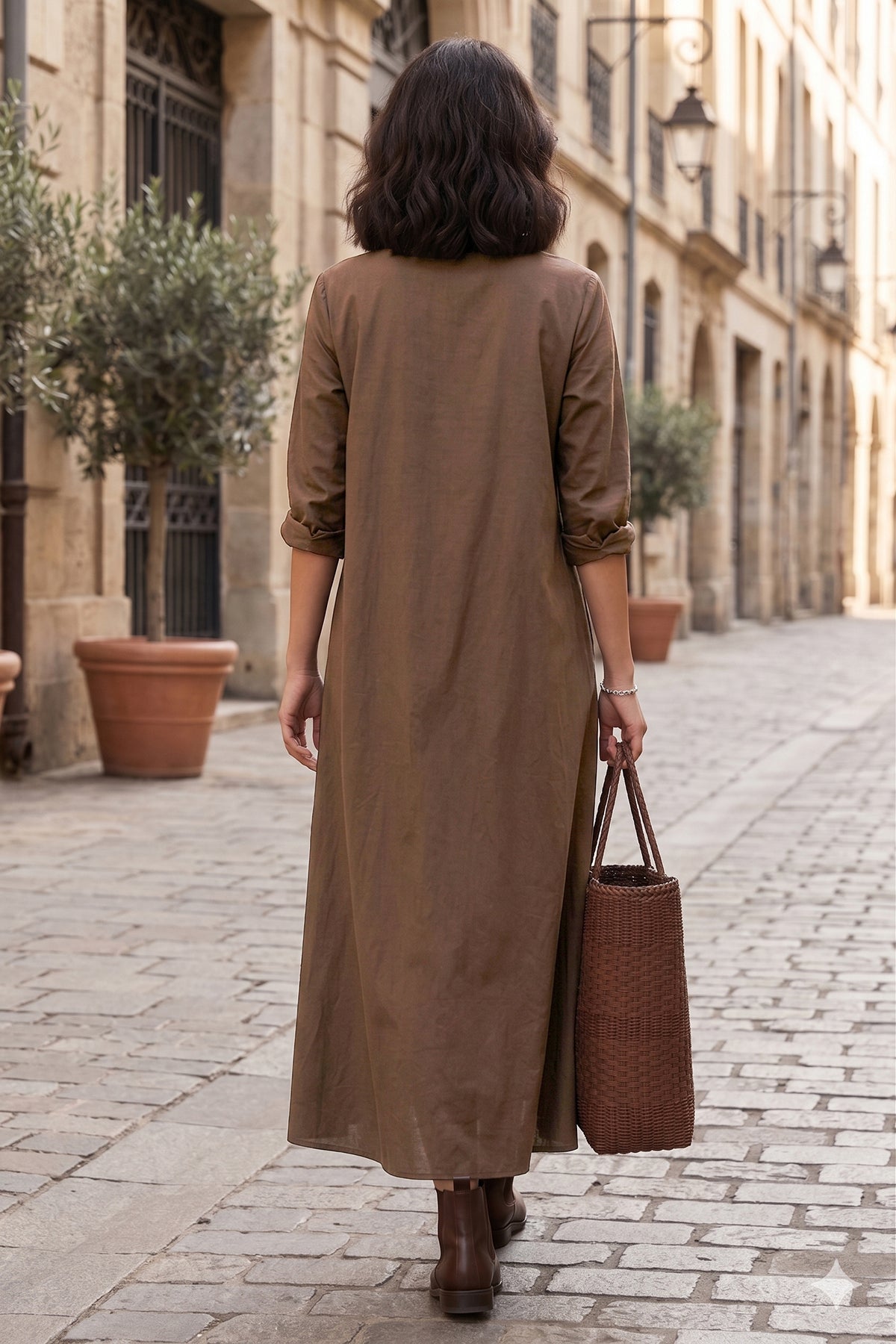 Coffee Cotton Maxi Shirt Dress