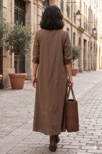 Coffee Cotton Maxi Shirt Dress