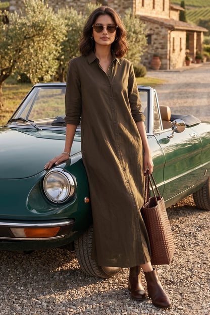Coffee Cotton Maxi Shirt Dress
