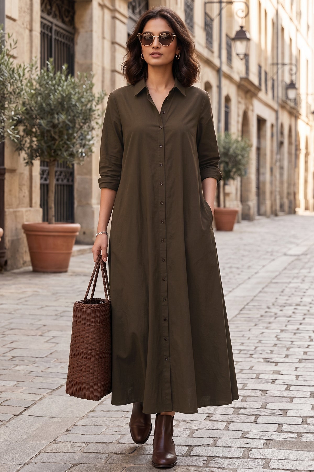Coffee Cotton Maxi Shirt Dress
