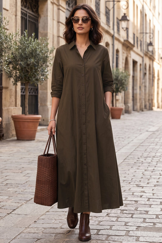 Coffee Cotton Maxi Shirt Dress
