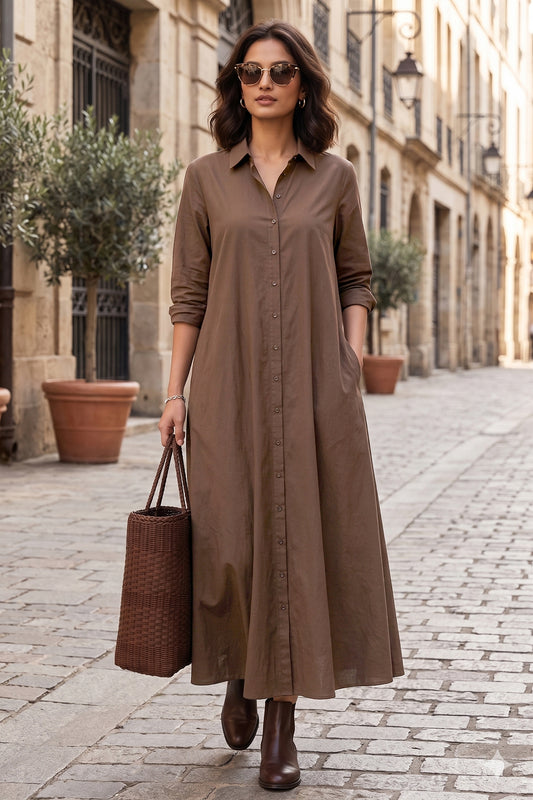 Coffee Cotton Maxi Shirt Dress