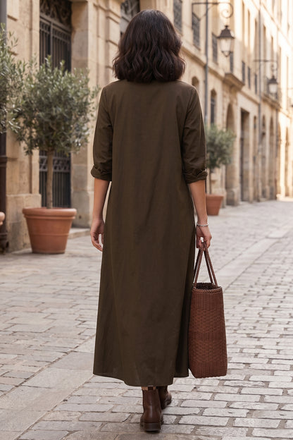 Coffee Cotton Maxi Shirt Dress