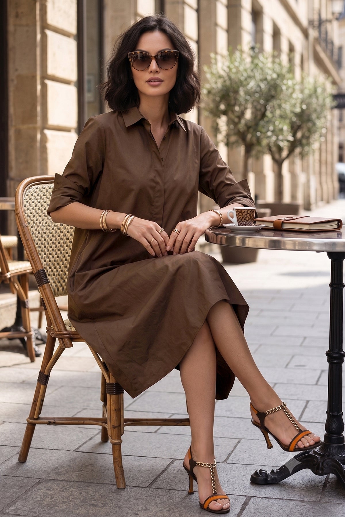 Coffee Knee Length Shirt Dress