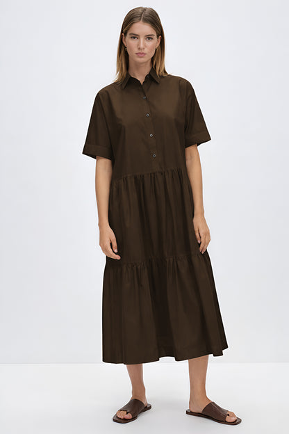 Shop Coffee Button Tiered Midi Dress for women by SNEHA B