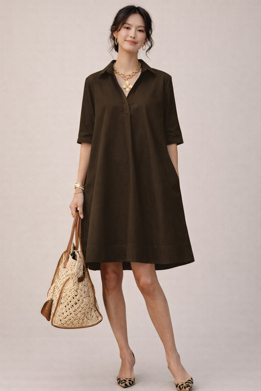 Shop Coffee Cotton Box Pleat Dress for women by SNEHA B