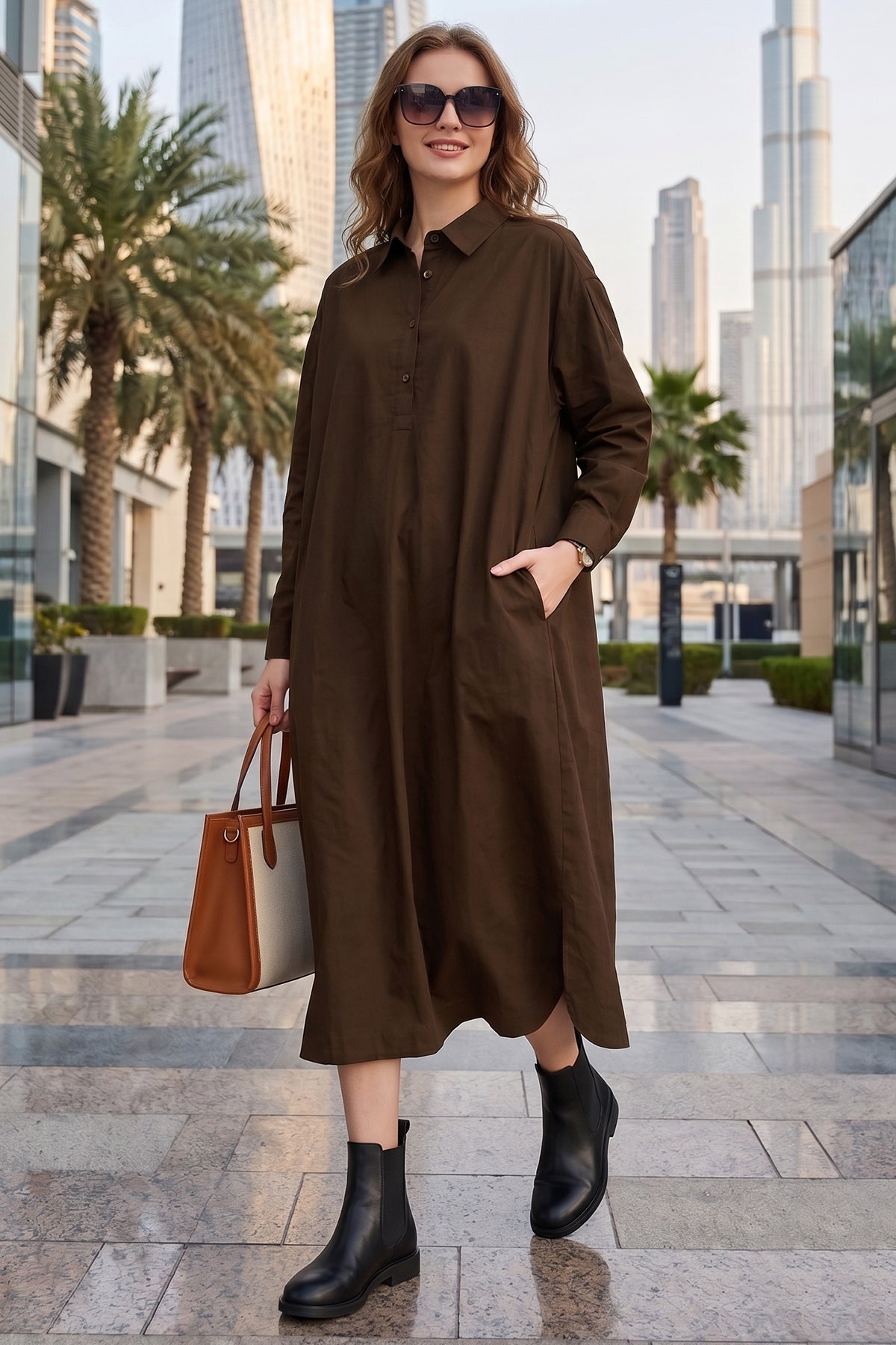 Shop Coffee Cotton Collar Midi Dress for women by SNEHA B Brown / M
