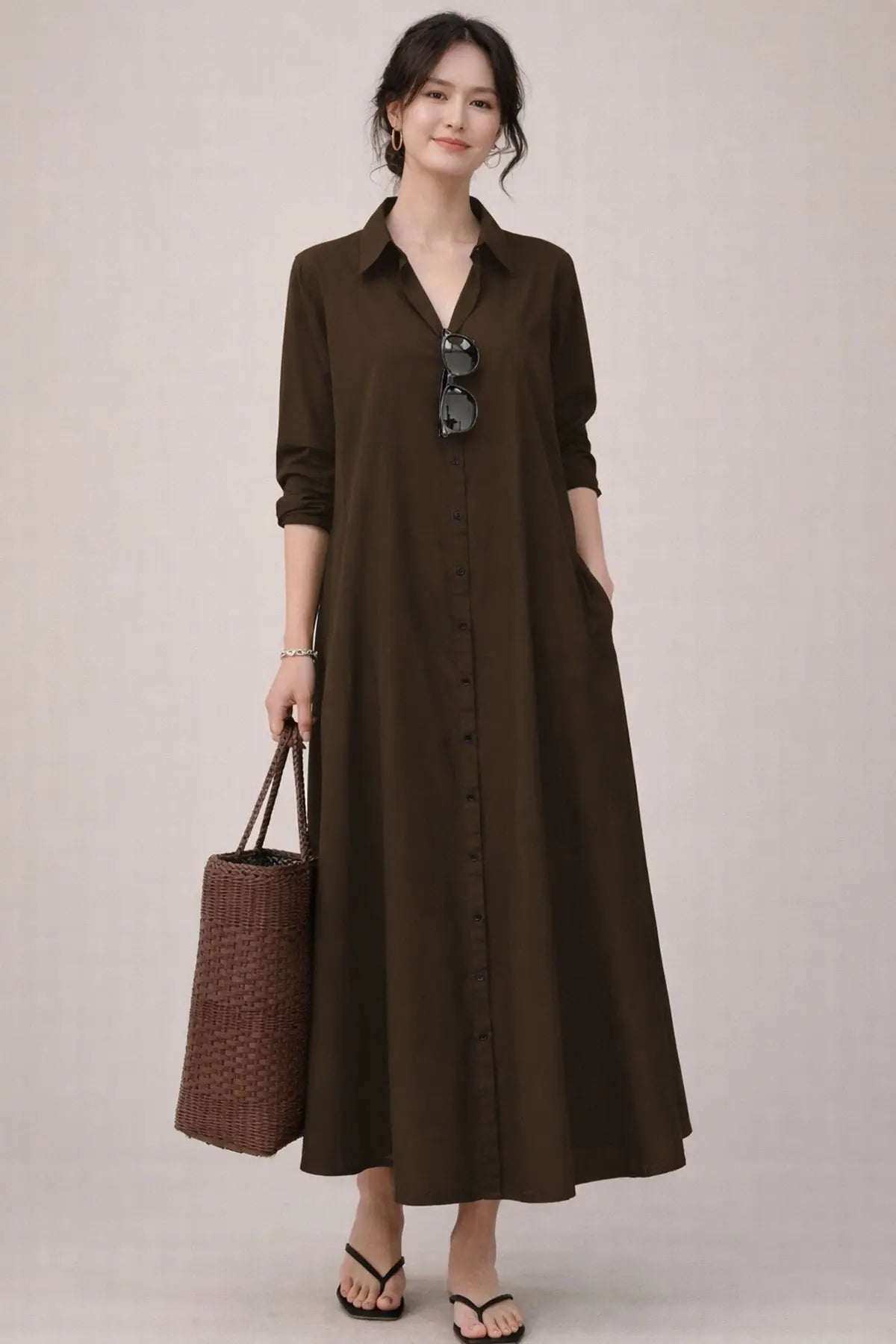 Shop Coffee Cotton Maxi Shirt Dress for women by SNEHA B