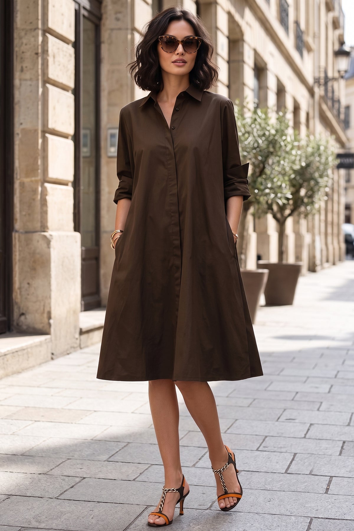 Coffee Knee Length Shirt Dress