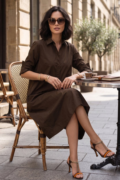 Coffee Knee Length Shirt Dress