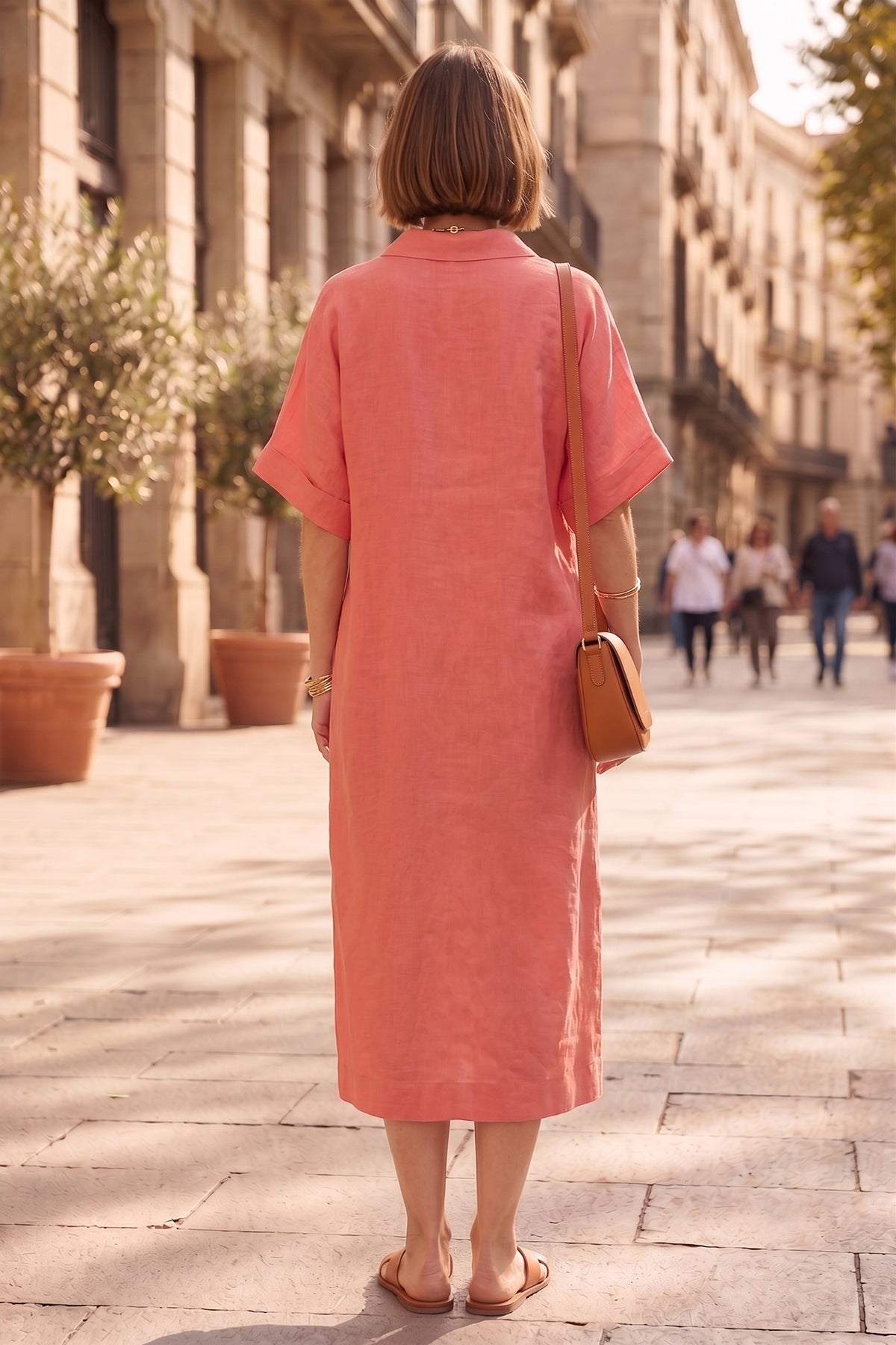 Coral Pink V-Neck Collar Dress