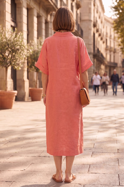 Coral Pink V-Neck Collar Dress
