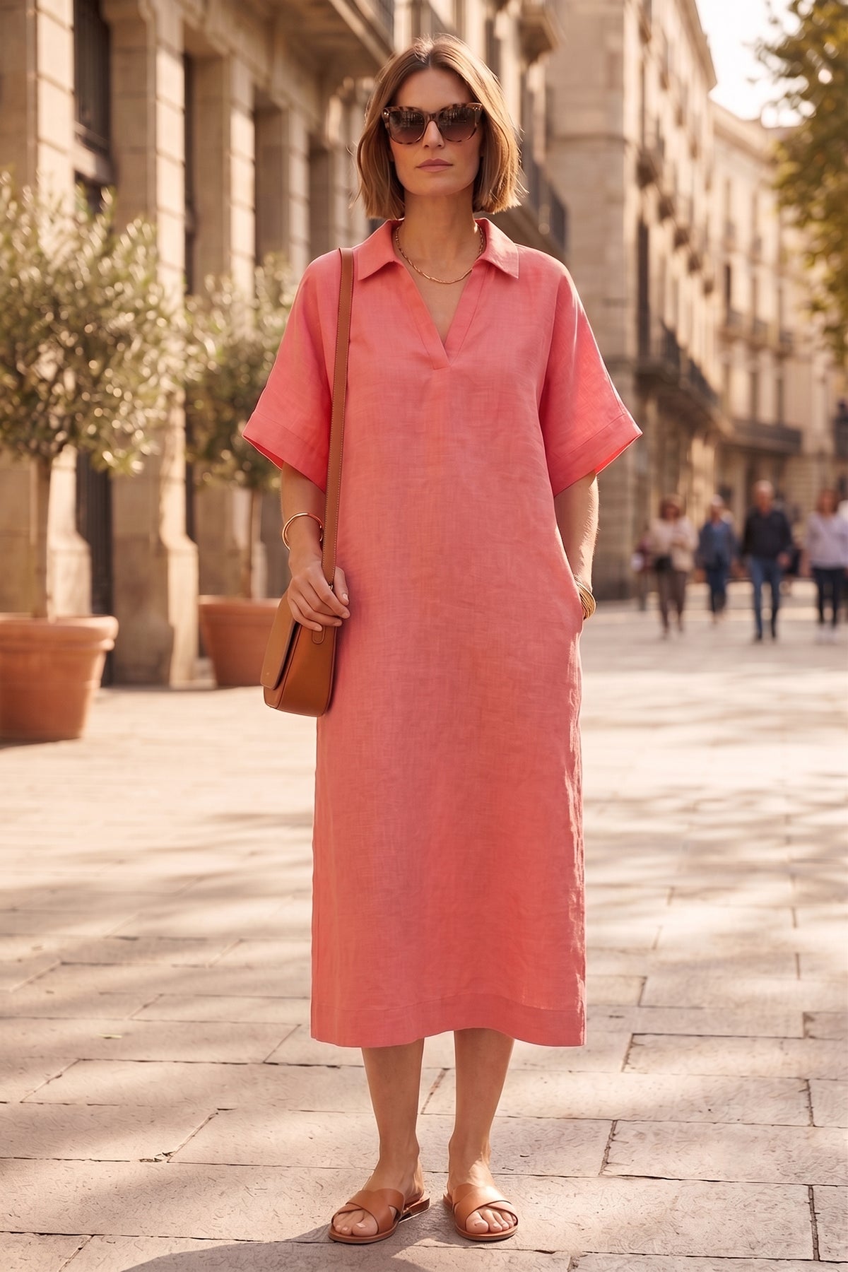 Coral Pink V-Neck Collar Dress