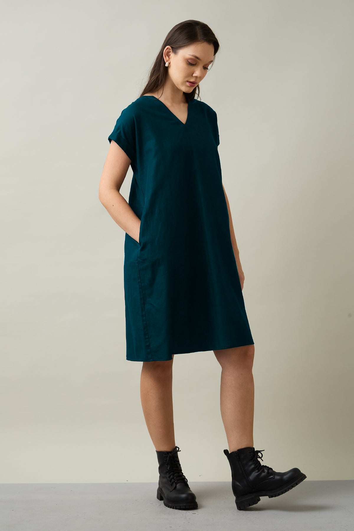 Buy Cotton Linen Teal Mini Dress by SNEHA B