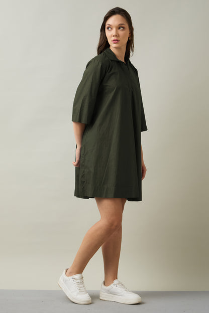 Dark Green Cotton Flare Dress