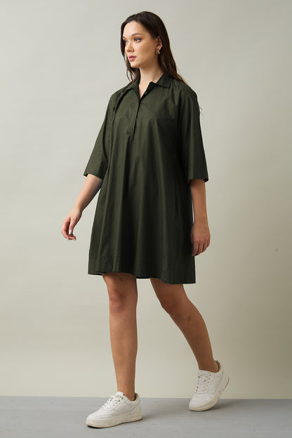 Dark Green Cotton Flare Dress