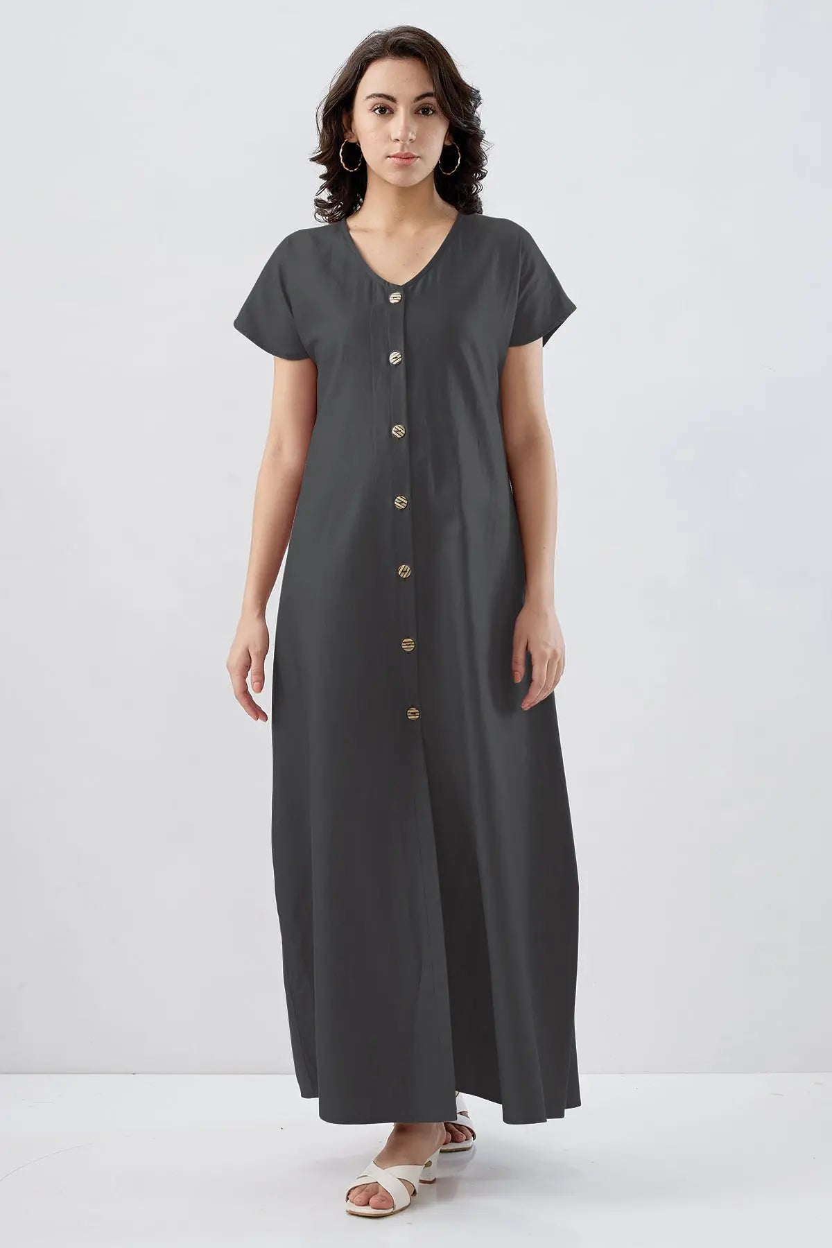 Shop Dark Grey Cotton Button Dress by SNEHA B