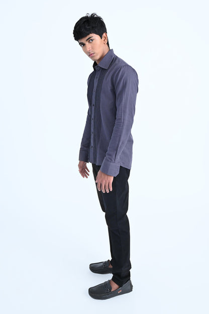 Dark Grey Embroidered Cotton Linen Shirt