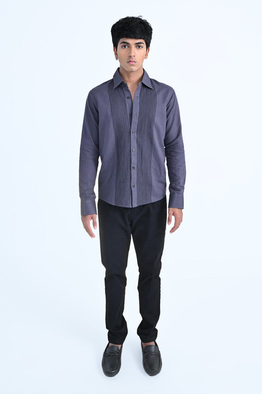 Dark Grey Embroidered Cotton Linen Shirt