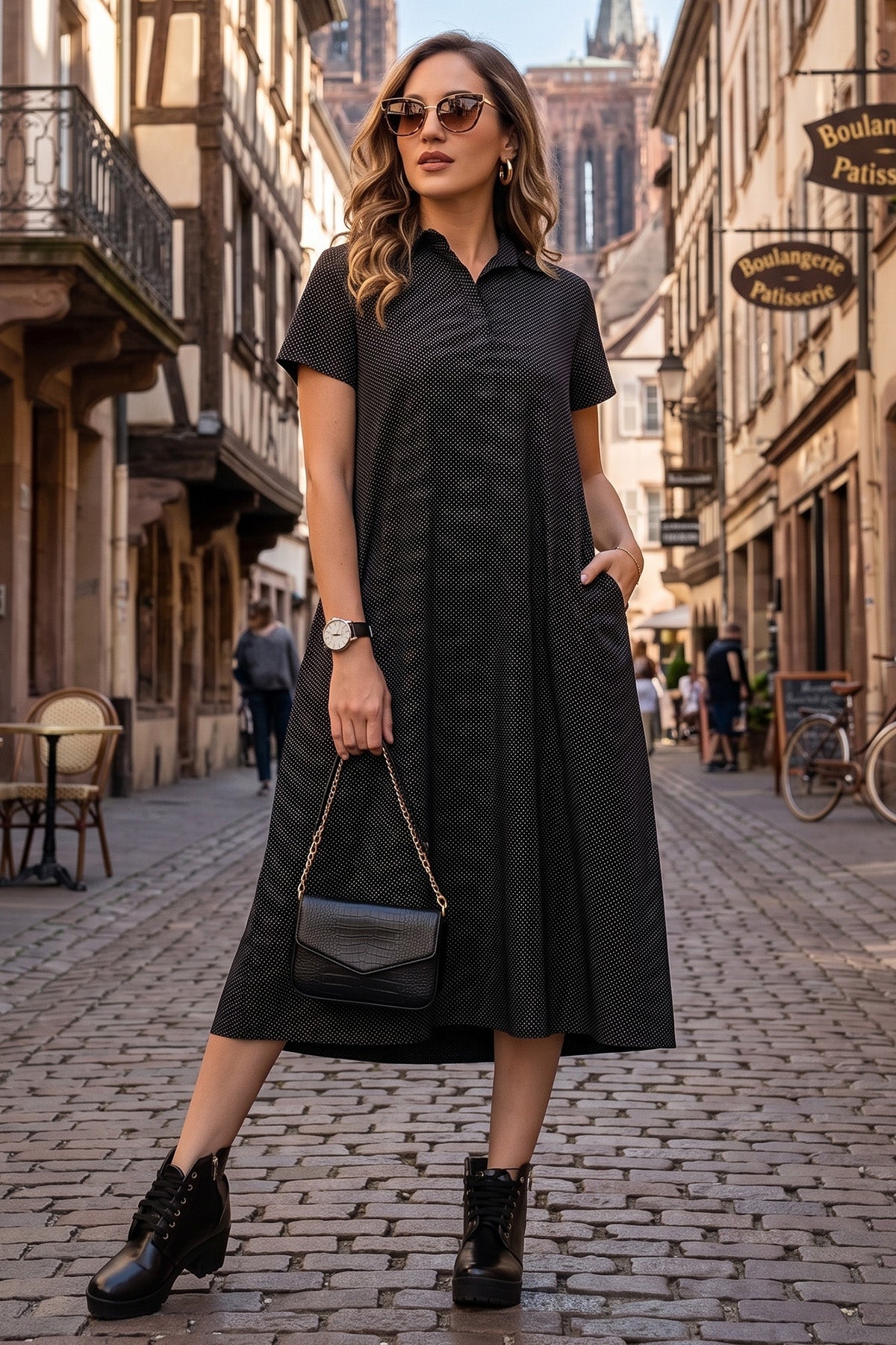 Dotted Black Collar Midi Dress