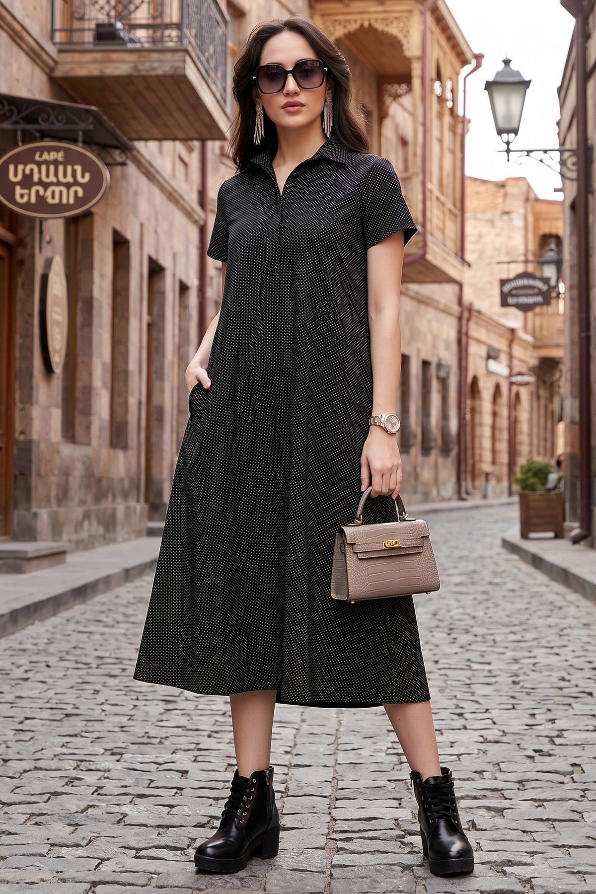 Dotted Black Collar Midi Dress