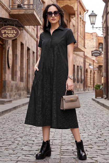 Dotted Black Collar Midi Dress