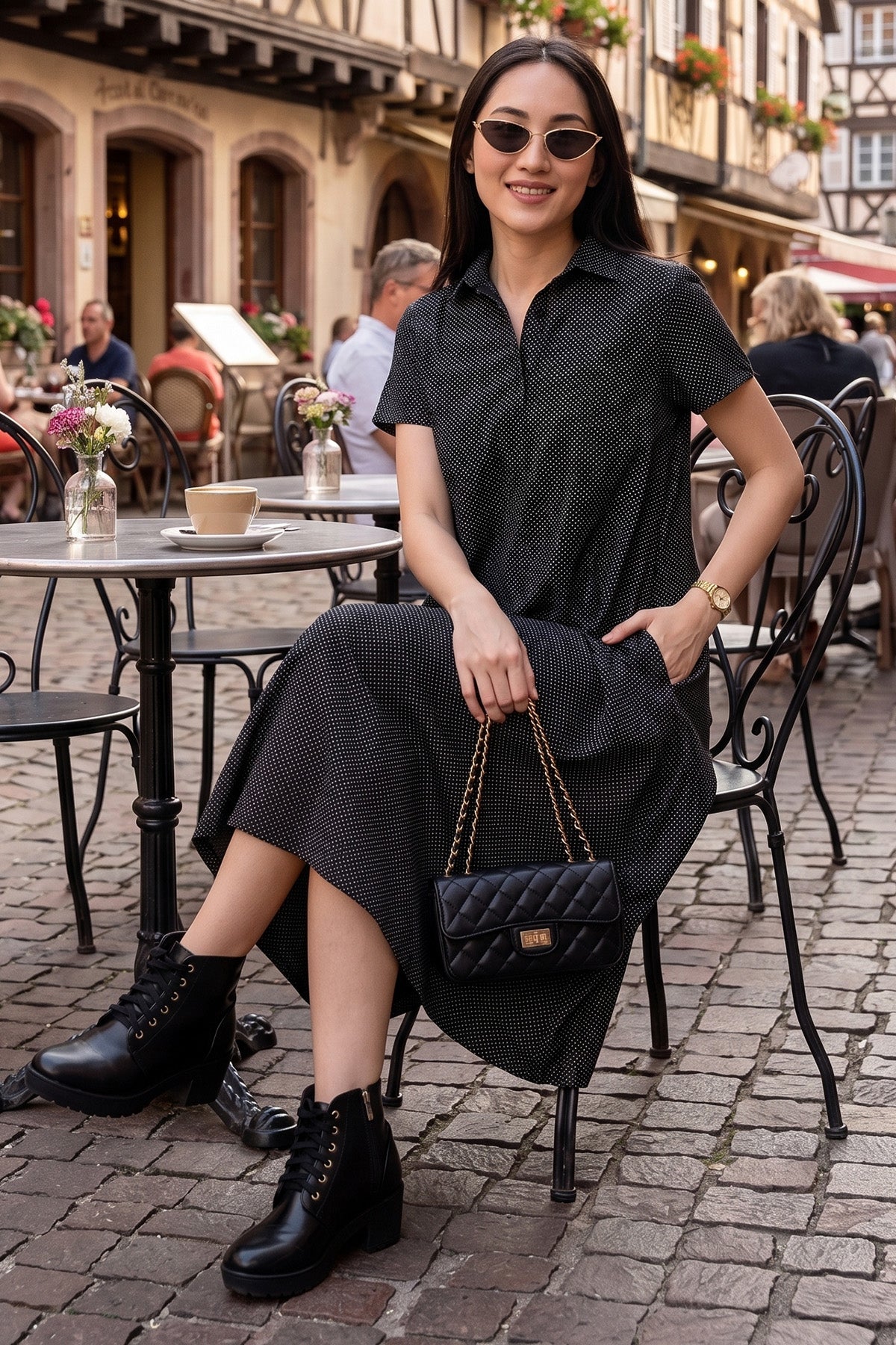 Dotted Black Collar Midi Dress