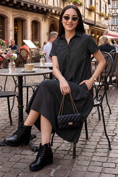 Dotted Black Collar Midi Dress