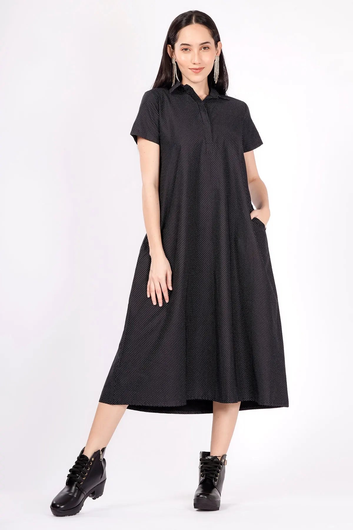 Shop Dotted Black Collar Midi Dress by SNEHA B