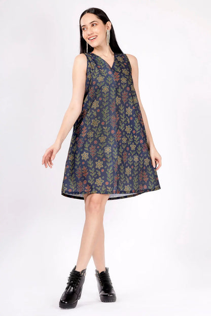 Dotted Floral Dark Blue Dress SNEHA B