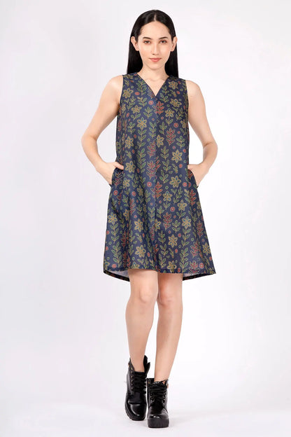Dotted Floral Dark Blue Dress SNEHA B