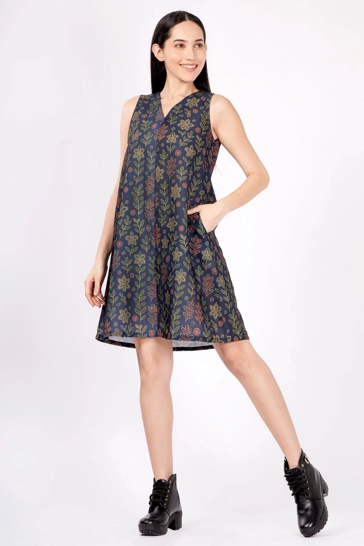 Dotted Floral Dark Blue Dress SNEHA B