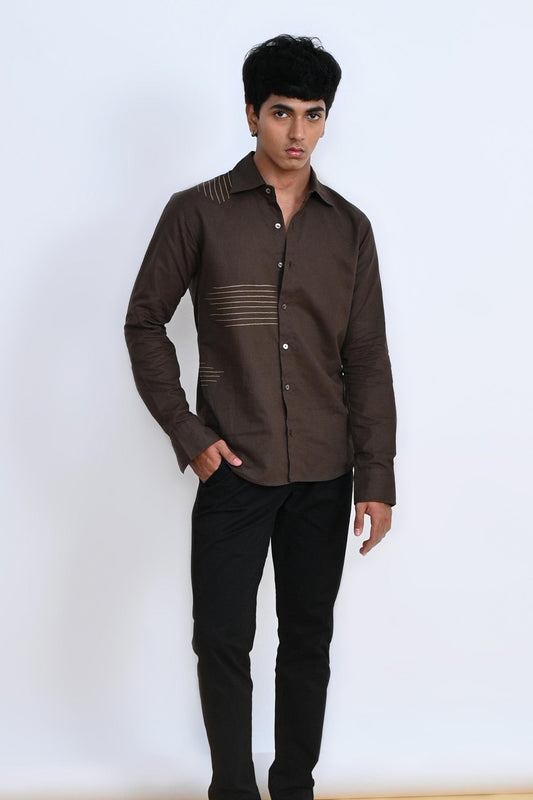 Embroidered Chocolate Cotton Linen Shirt