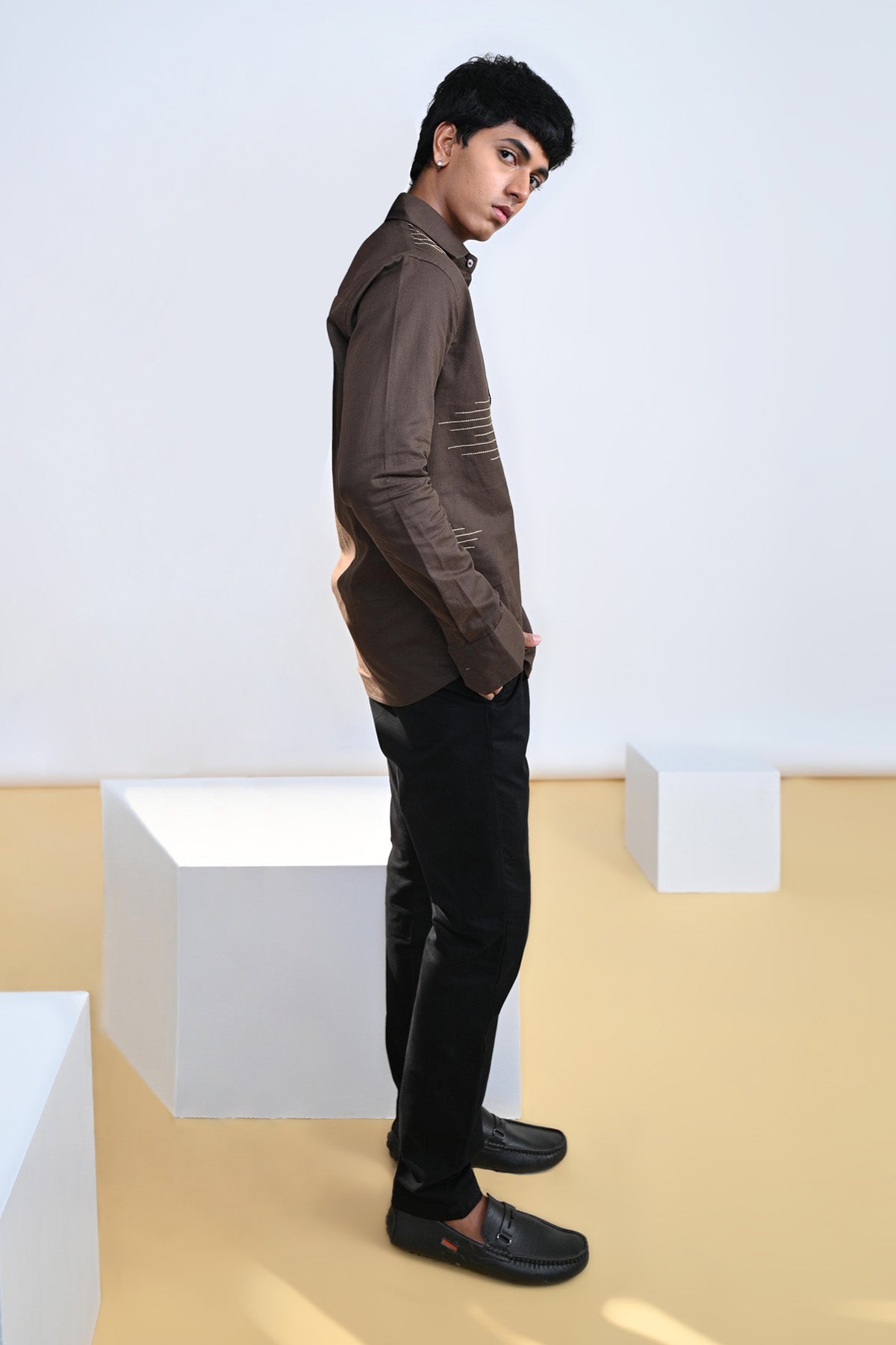 Embroidered Chocolate Cotton Linen Shirt